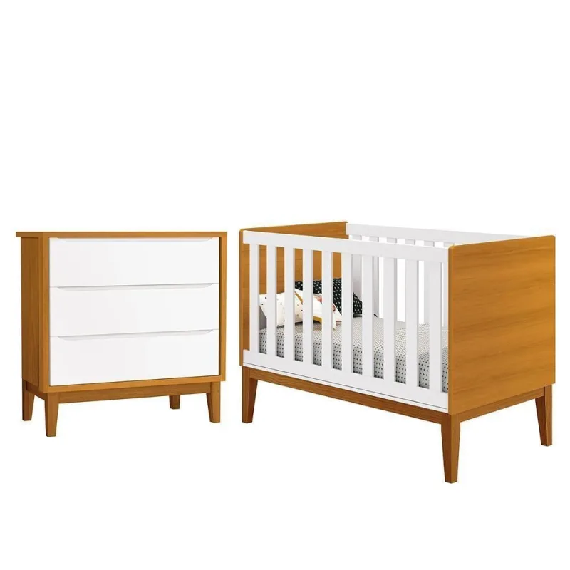 Jogo de Quarto Infantil Cômoda e Berço Classic MDF Branco-savana com Pés Amadeirado Reller Móveis - OUTRAS - Agro