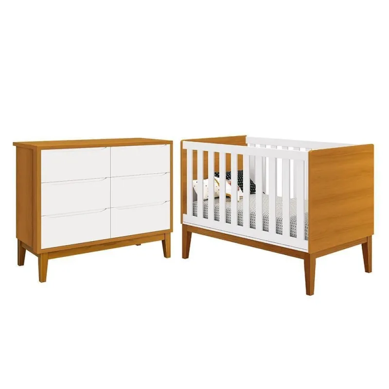 Jogo de Quarto Infantil Cômoda 6 Gavetas e Berço Americano MDF Branco com Pés Amadeirado Reller - OUTRAS - Agro