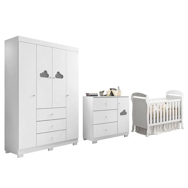Dormitório Infantil Ane com Guarda Roupa 4 Portas 3 Gavetas em MDF Branco - Phoenix Baby