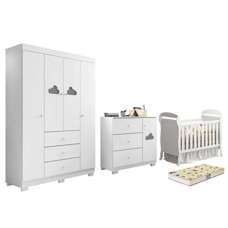 Dormitório Infantil Ane em MDF 132cm Branco com Guarda Roupa Cômoda Berço Mini Cama e Colchão - Phoenix Baby - Agro