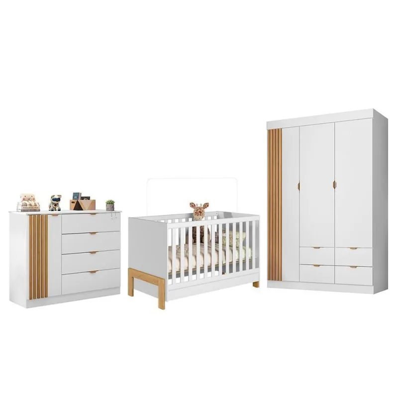 Conjunto de Quarto Ayla Guarda Roupa Cômoda e Berço com Acabamento em Pintura UV Branco Acetinado - Phoenix Baby - Agro