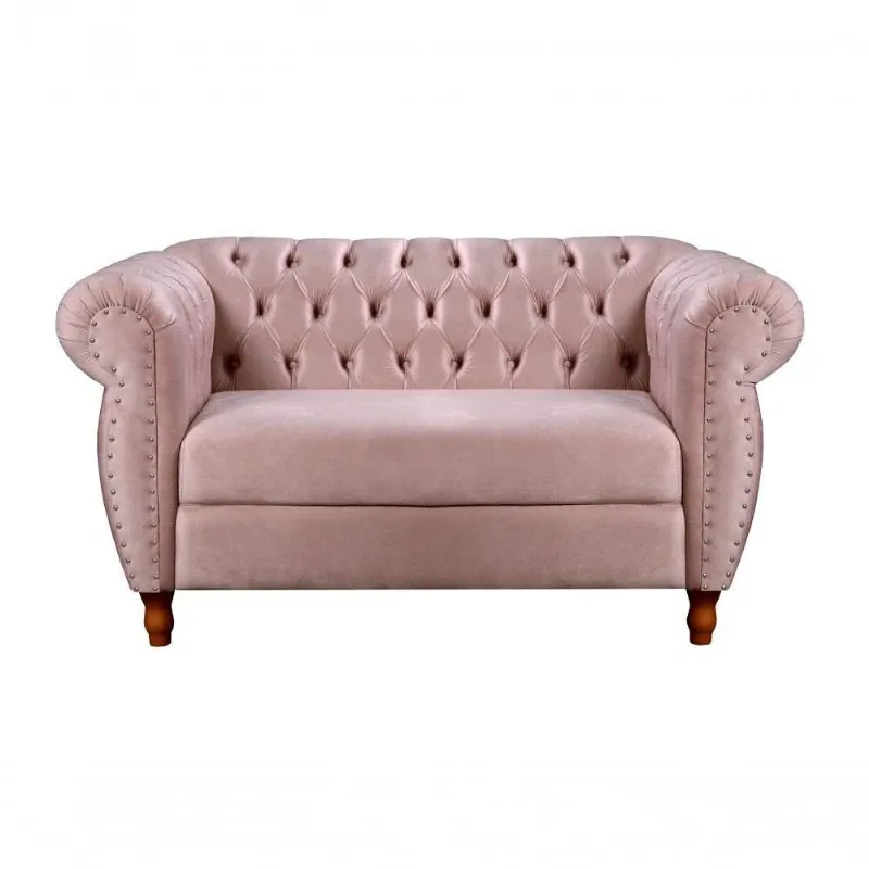 Sofá Nobreza 2 Lugares Fixo 153CM Rosê Veludo Encosto Capitonê Bella Decor