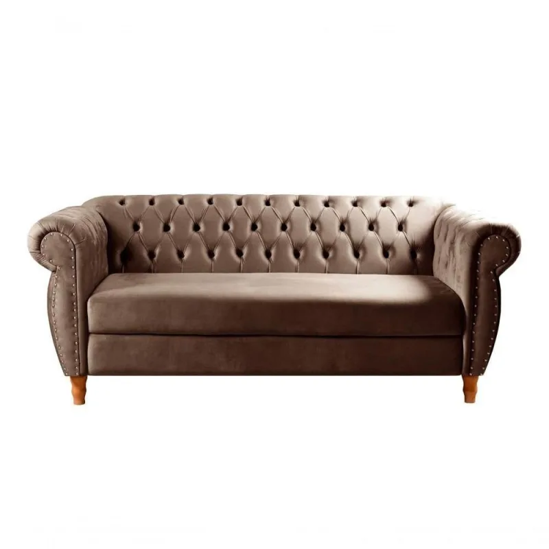 Sofá Nobreza 3 Lugares Fixo 203CM Marrom Veludo Bella Decor para Sala Clássica - OUTRAS - Móveis