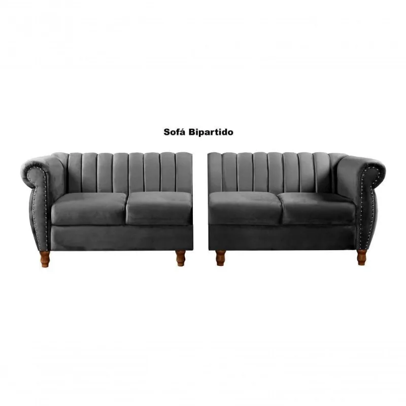 Sofá Realeza 4 Lugares 246CM Cinza Veludo Clássico Fixo Bella Decor