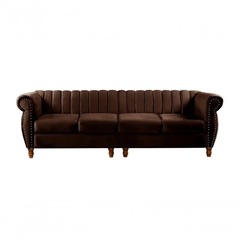 Sofá Realeza 4 Lugares 246CM Marrom Veludo Clássico Fixo Estrutura Eucalipto Bella Decor