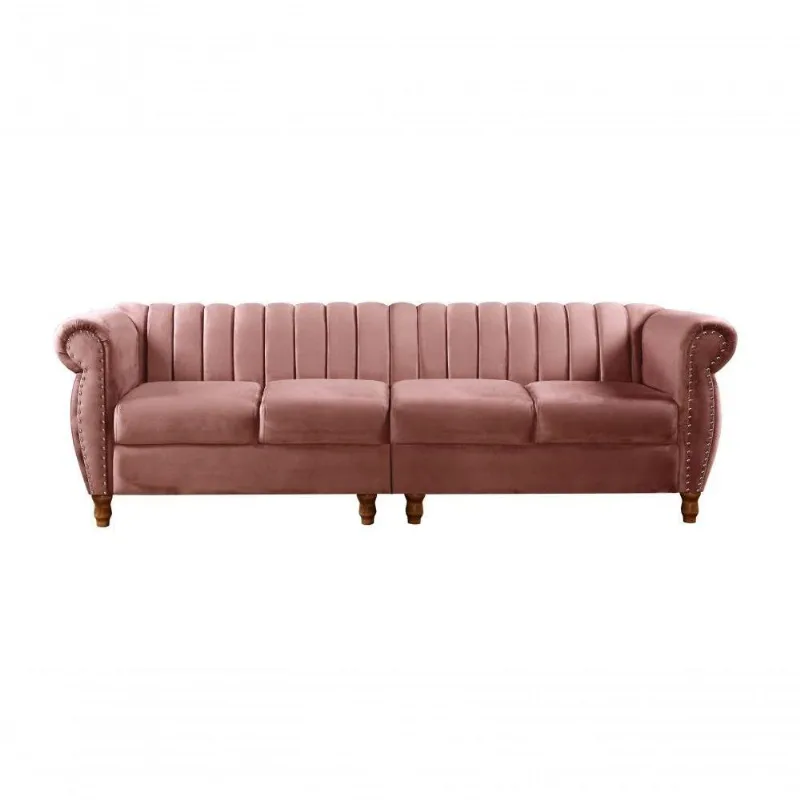 Sofá Realeza 4 Lugares 246CM Rosê Veludo Fixo Clássico Bella Decor