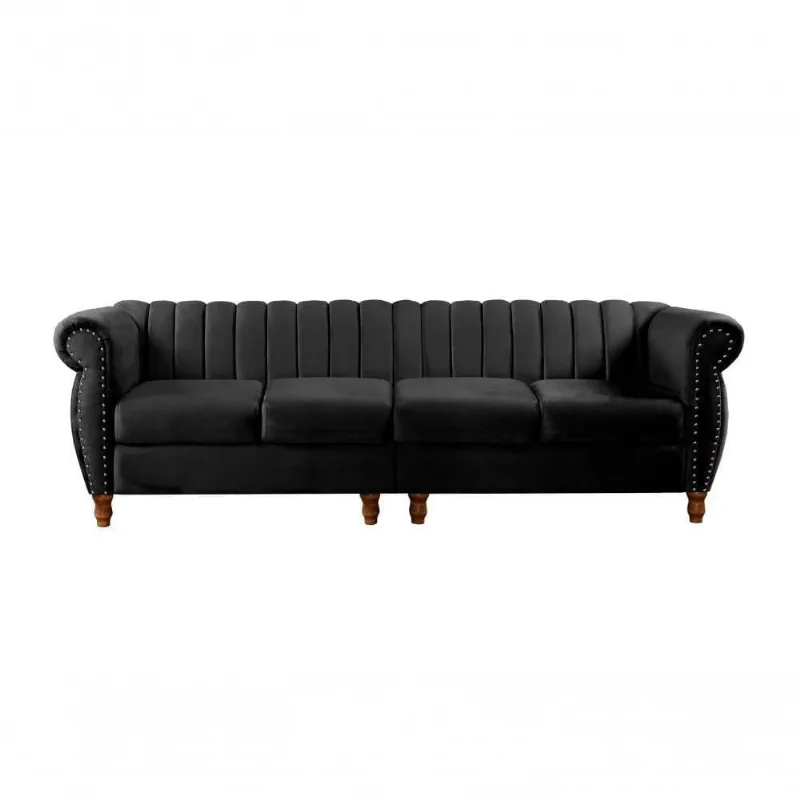 Sofá Realeza Chesterfield 4 Lugares 246CM Preto Veludo Bella Decor