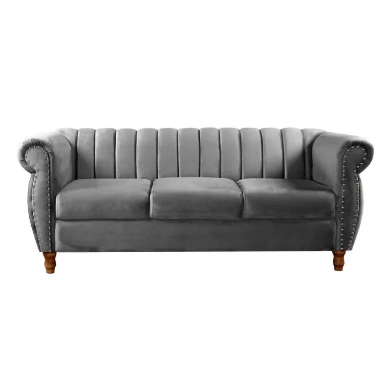 Sofá Realeza 3 Lugares 196CM Cinza Veludo Fixo Clássico Bella Decor