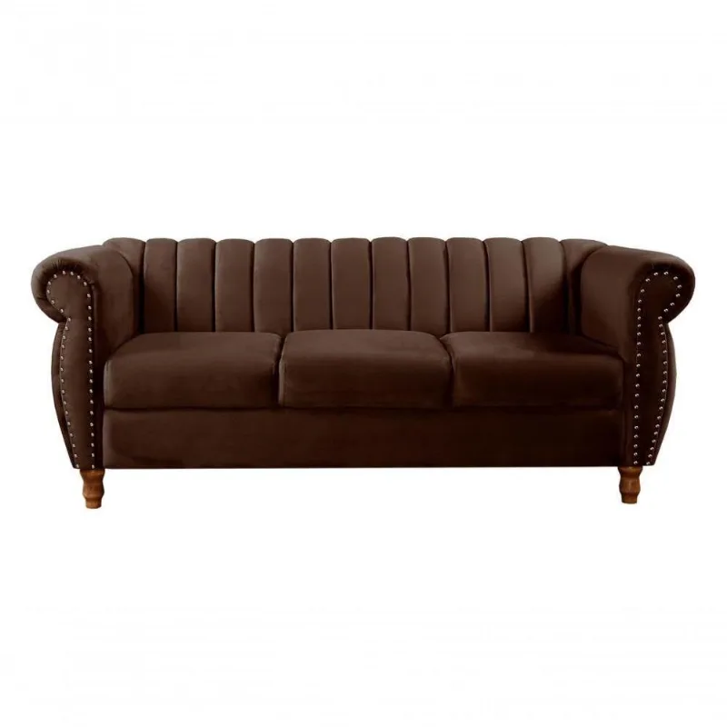 Sofá Realeza 3 Lugares 196CM Marrom Veludo Bella Decor para Decoração Sofisticada