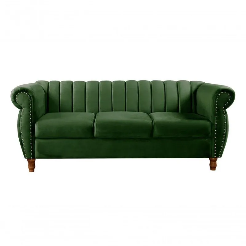 Sofá Realeza 3 Lugares 196CM Verde Veludo Clássico Fixo Bella Decor