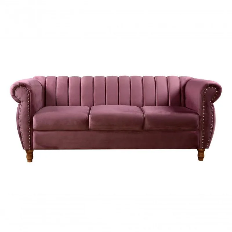 Sofá Realeza 3 Lugares 196CM Roxo 380 Veludo Fixo Clássico Bella Decor