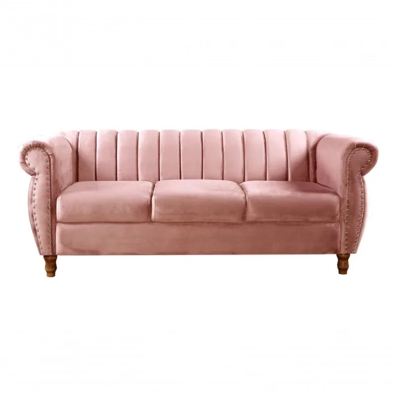 Sofá Realeza 3 Lugares 196CM Fixo Rosê Veludo Estrutura Madeira Bella Decor