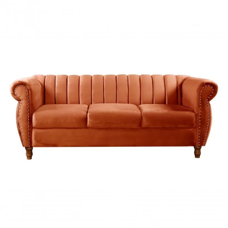 Sofá Realeza 3 Lugares 196CM Terracota Veludo Clássico Bella Decor