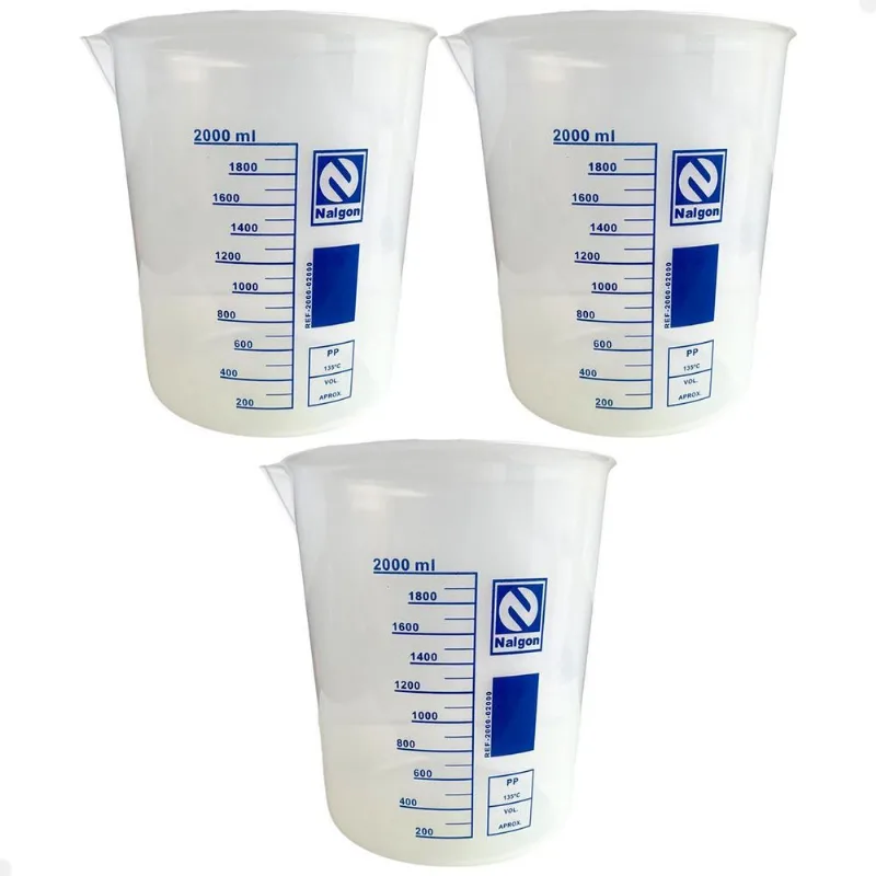 Kit 3 Béquer Becker Plástico 2000ml Forma Baixa Graduado
