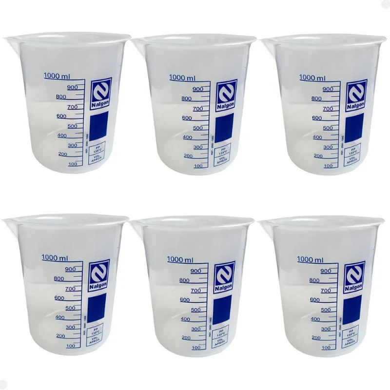 Kit 6 Béquer Becker Plástico 1000ml Forma Baixa Graduado