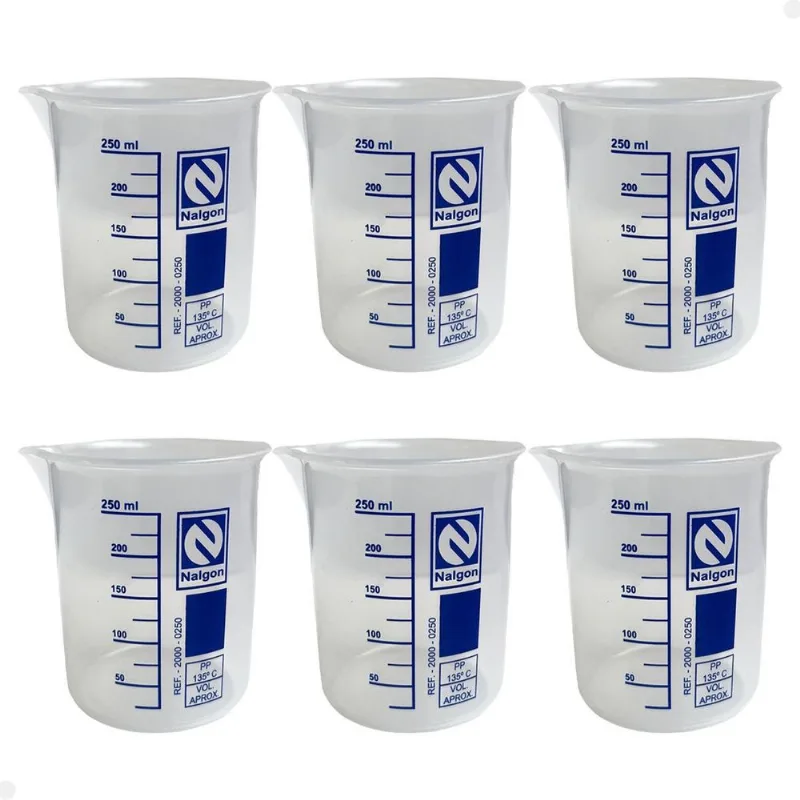 Kit 6 Béquer Becker Plástico 250ml Forma Baixa Autoclavável