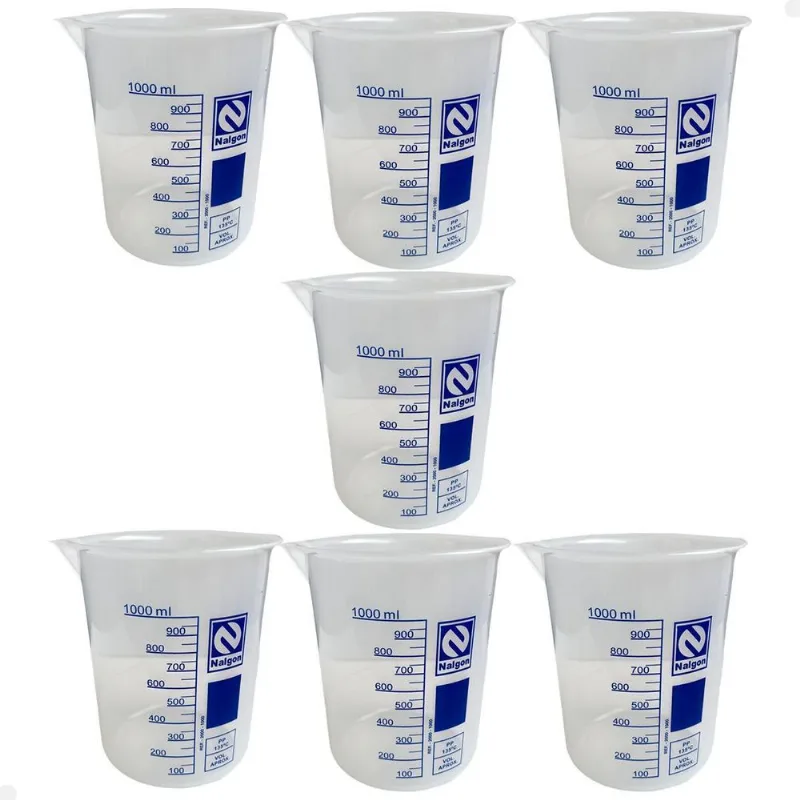 Kit 7 Béquer Becker Plástico 1000ml Forma Baixa Graduado