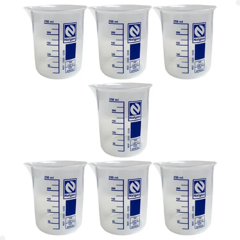 Kit 7 Béquer Becker Plástico 250ml Forma Baixa Autoclavável