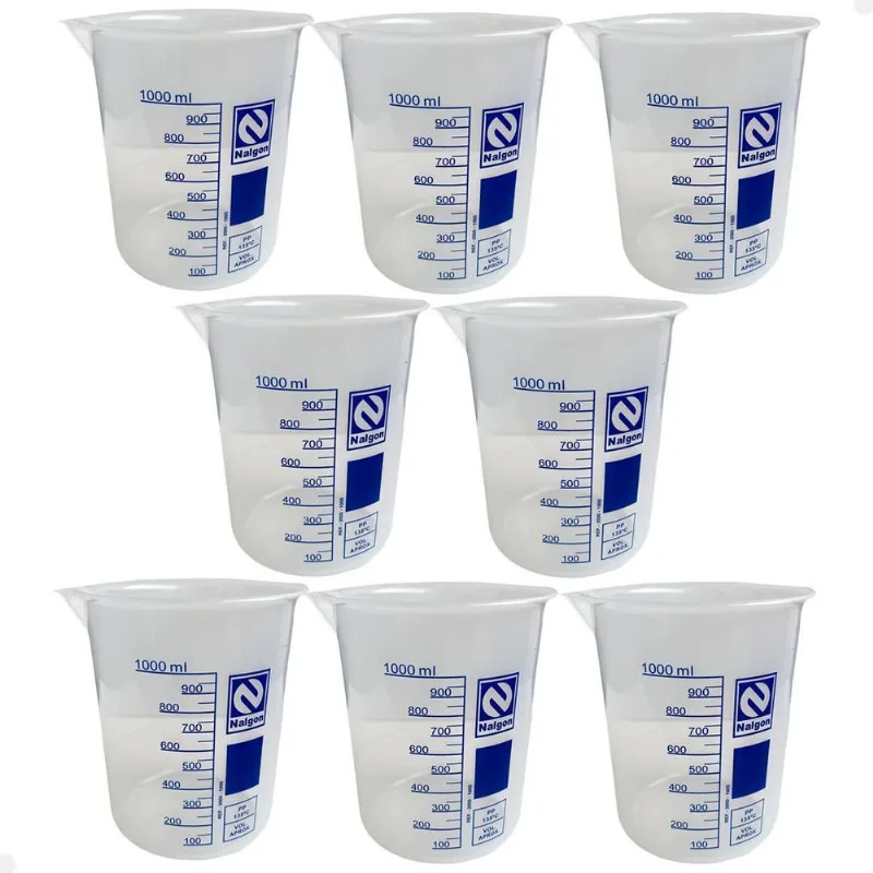 Kit 8 Béquer Becker Plástico 1000ml Forma Baixa Graduado