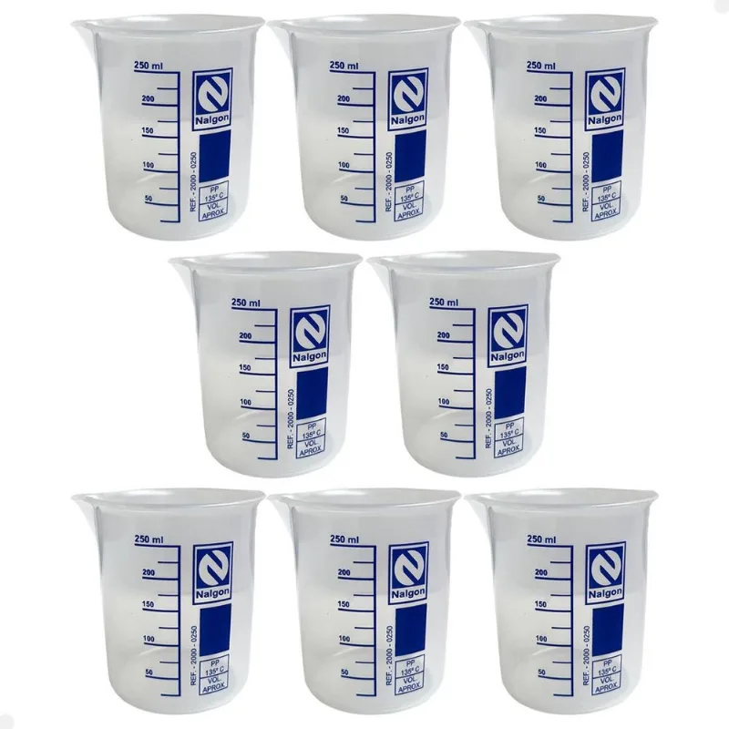 Kit 8 Béquer Becker Plástico 250ml Forma Baixa Autoclavável