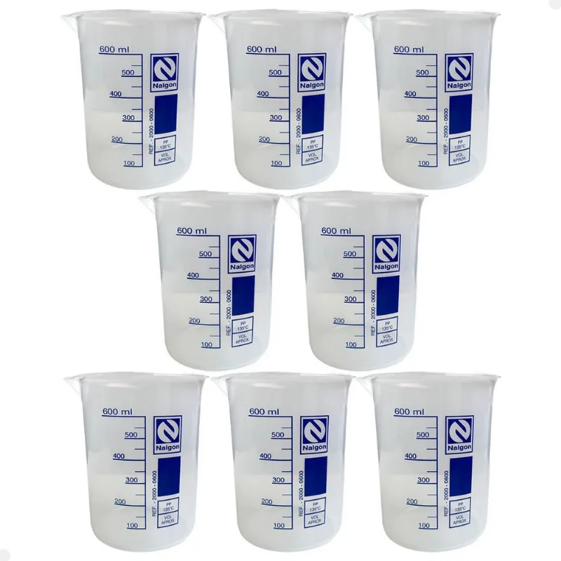 Kit 8 Béquer Becker Plástico 600ml Forma Baixa Autoclavável