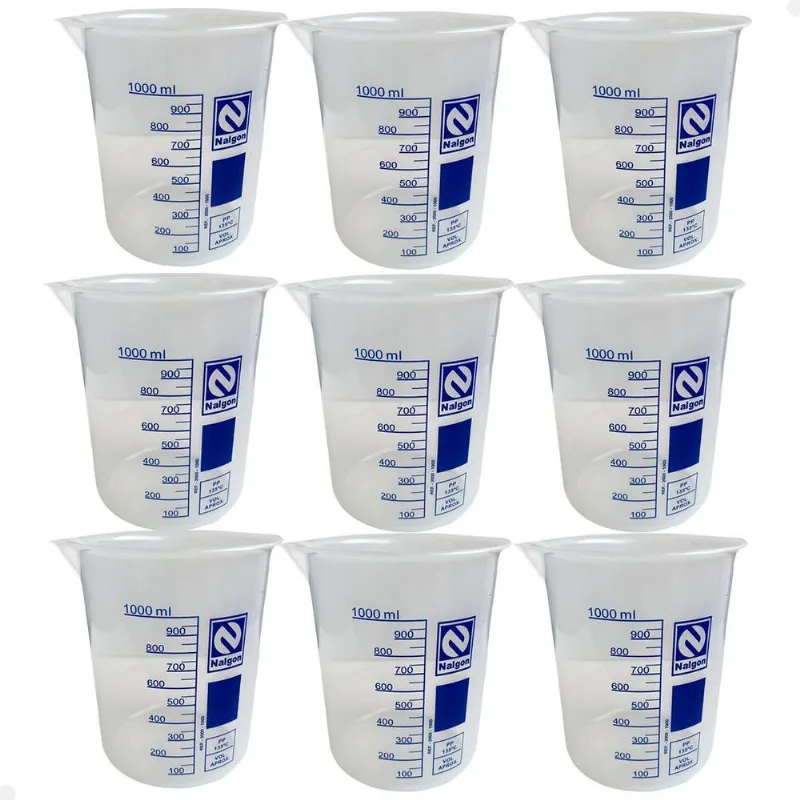 Kit 9 Béquer Becker Plástico 1000ml Forma Baixa Graduado