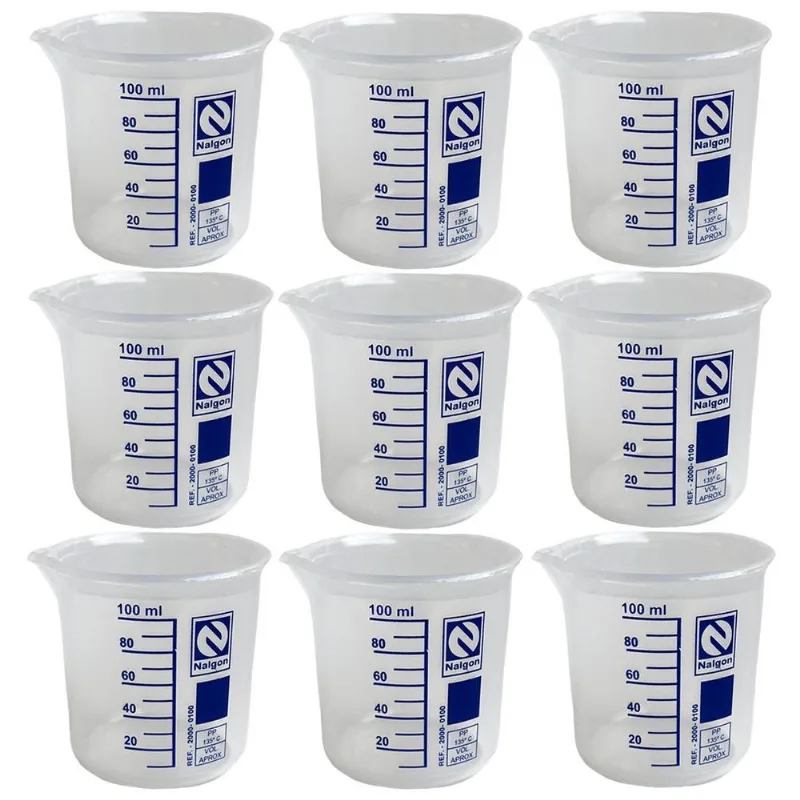 Kit 9 Béquer Becker Plástico 100ml Forma Baixa Autoclavável