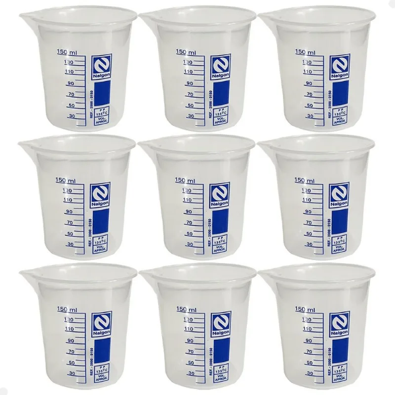 Kit 9 Béquer Becker Plástico 150ml Forma Baixa Autoclavável