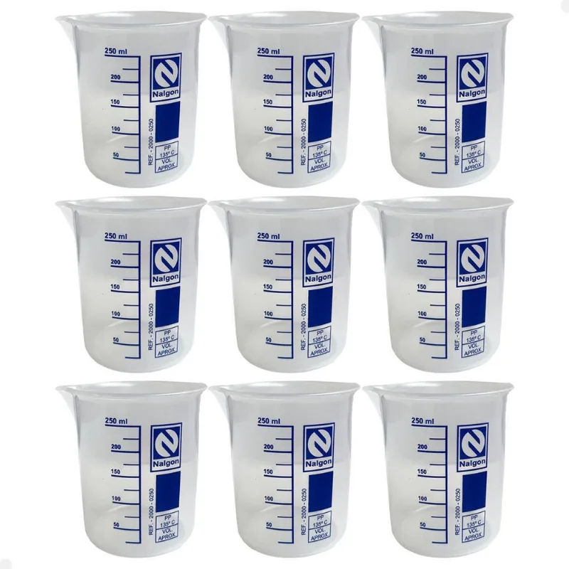 Kit 9 Béquer Becker Plástico 250ml Forma Baixa Autoclavável