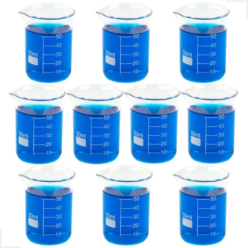 Kit 10 Béquer 50ml Becker De Vidro Forma Baixa Graduado