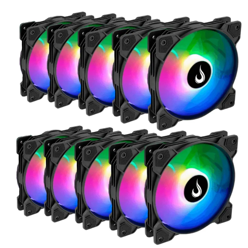 Kit 10 Fans Rise Mode X Led Rainbow 120mm Preto - Rm-xld-rbw-10