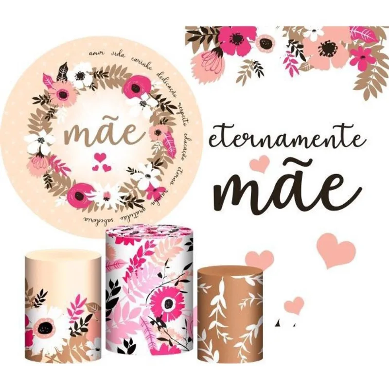 Kit Dia Das Mães Painel Redondo Trio Capas Retangular Tecido