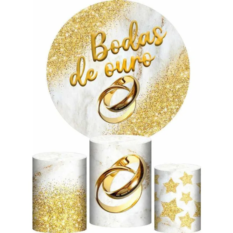 Trio Capa Cilindro + Painel Redondo Bodas Ouro Tecido 1,50M