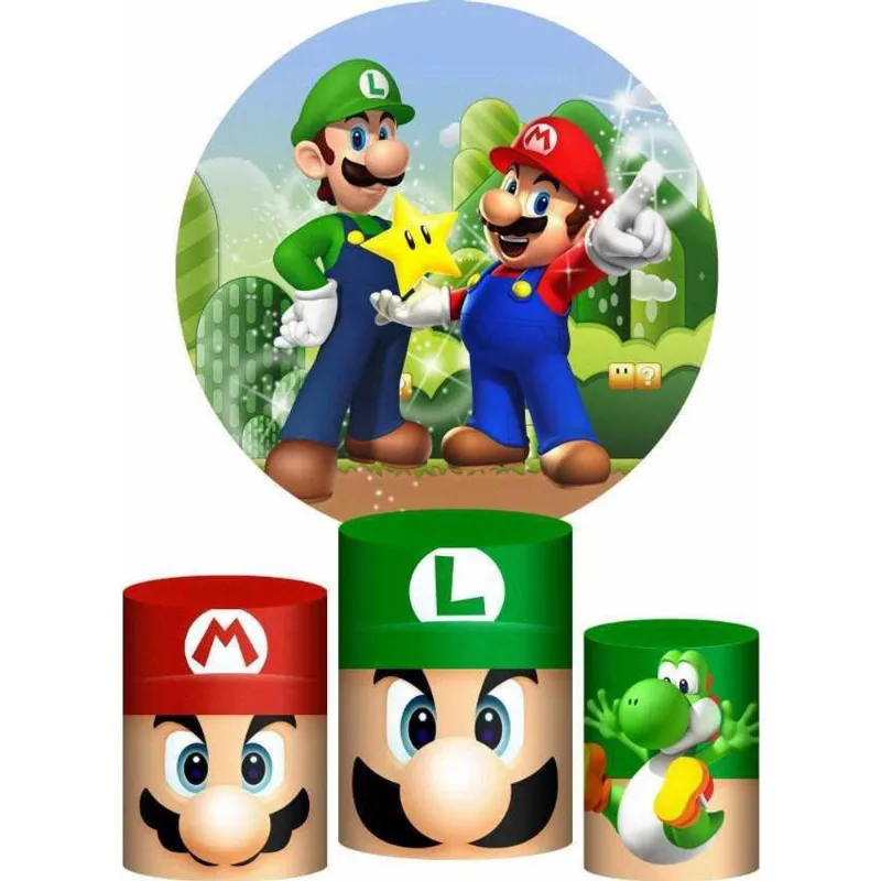 Trio Capa Cilindro + Painel Redondo Super Mario Bross Tecido