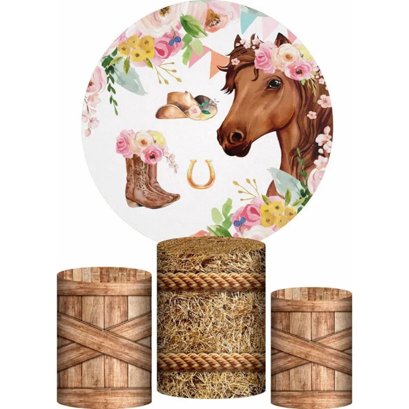 Trio Capa Cilindro + Painel Redondo 3D Cavalos Menina 1,50M