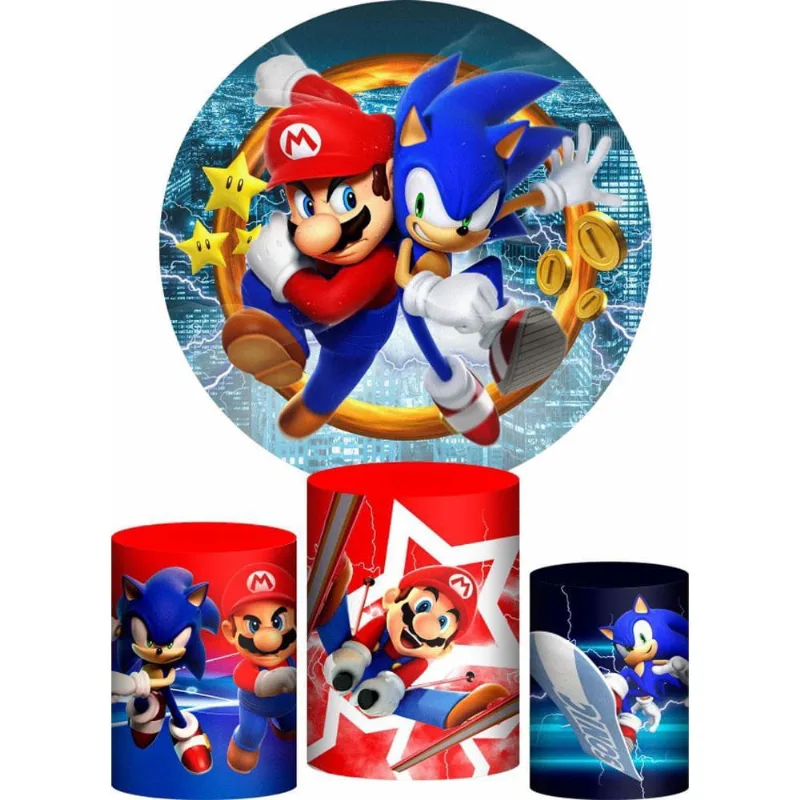 Trio Capa Cilindro + Painel Redondo 3D Sonic Vs Mario 1,50M Veste Fácil