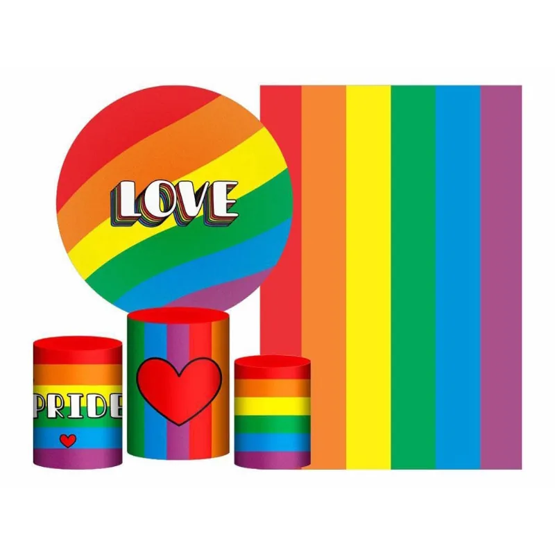Kit Casado Lgbt Painel Redondo Trio Capas Cilindro Retangular Vertical Em Tecido