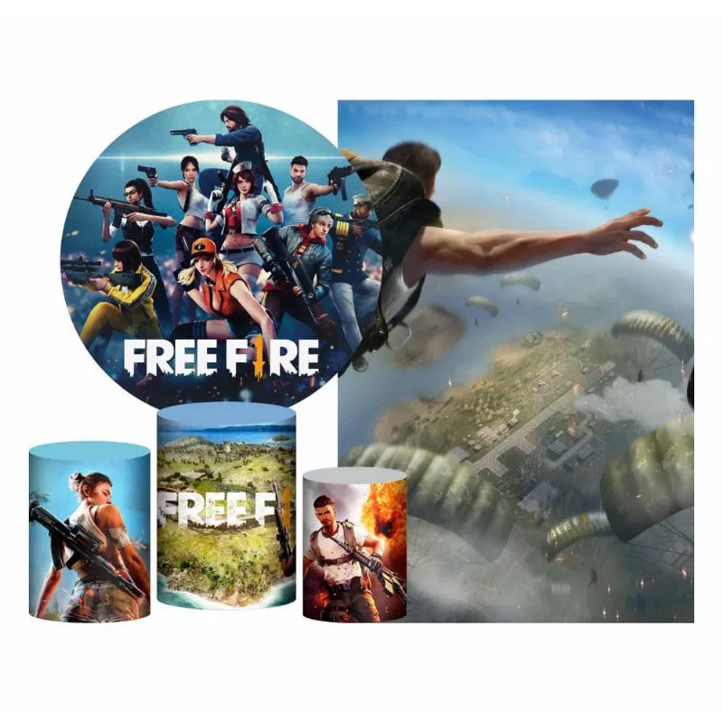 Kit Casado Free Fire Painel Redondo Trio Capas Cilindro
