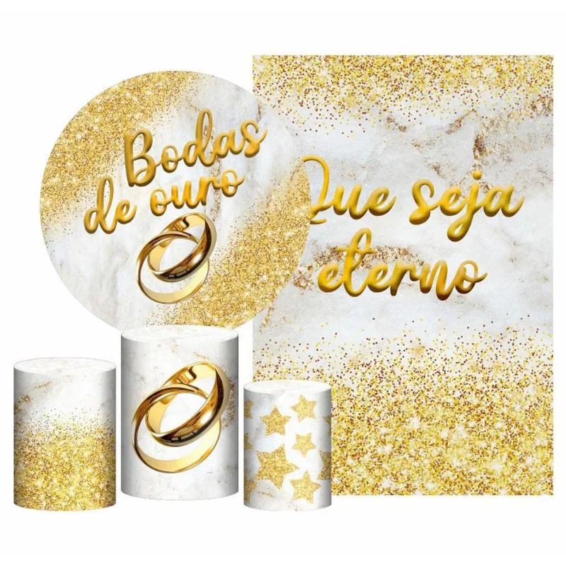 Kit Casado Bodas Ouro Painel Redondo Trio Capas Cilindro