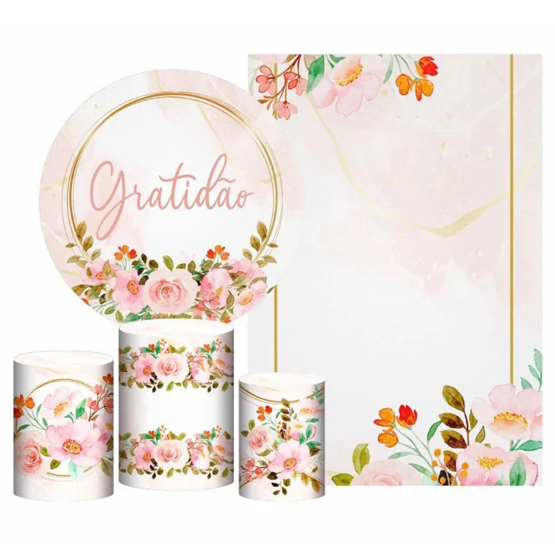 Kit Casado Gratidão Painel Redondo Trio Capas Cilindro