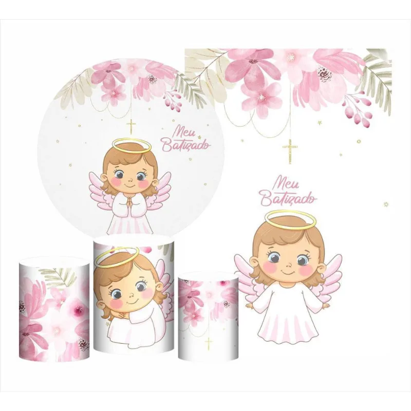 Kit Meu Batizado Painel Redondo Trio Capas Retangular Tecido