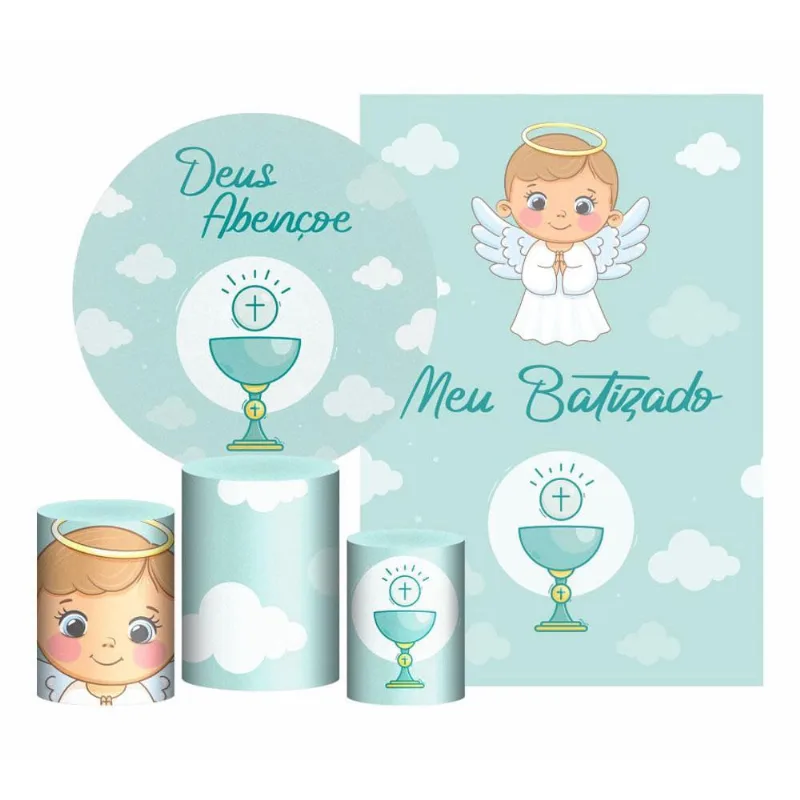 Kit Meu Batizado Painel Redondo Trio Capas Retangular Tecido