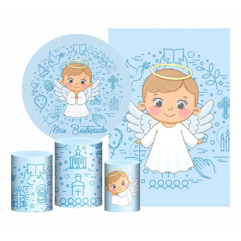 Kit Meu Batizado Painel Redondo Trio Capas Retangular Tecido