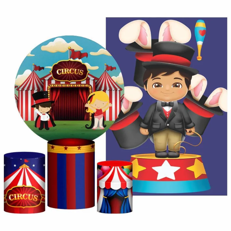 Kit Casado Circo Painel Redondo Trio Capas Cilindro