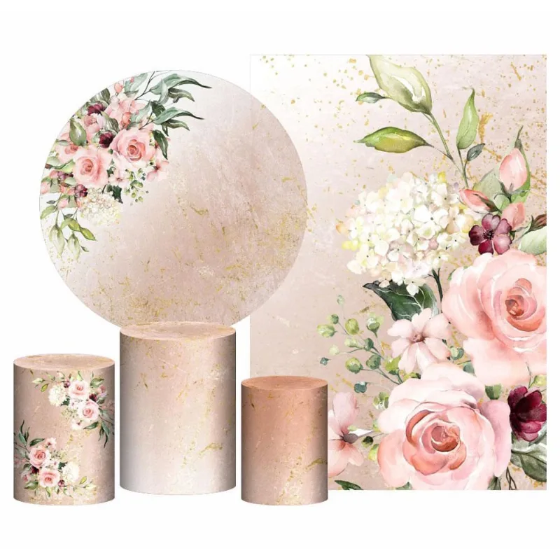 Kit Casado Floral Painel Redondo Trio Capas Cilindro Retangular Vertical Em Tecido