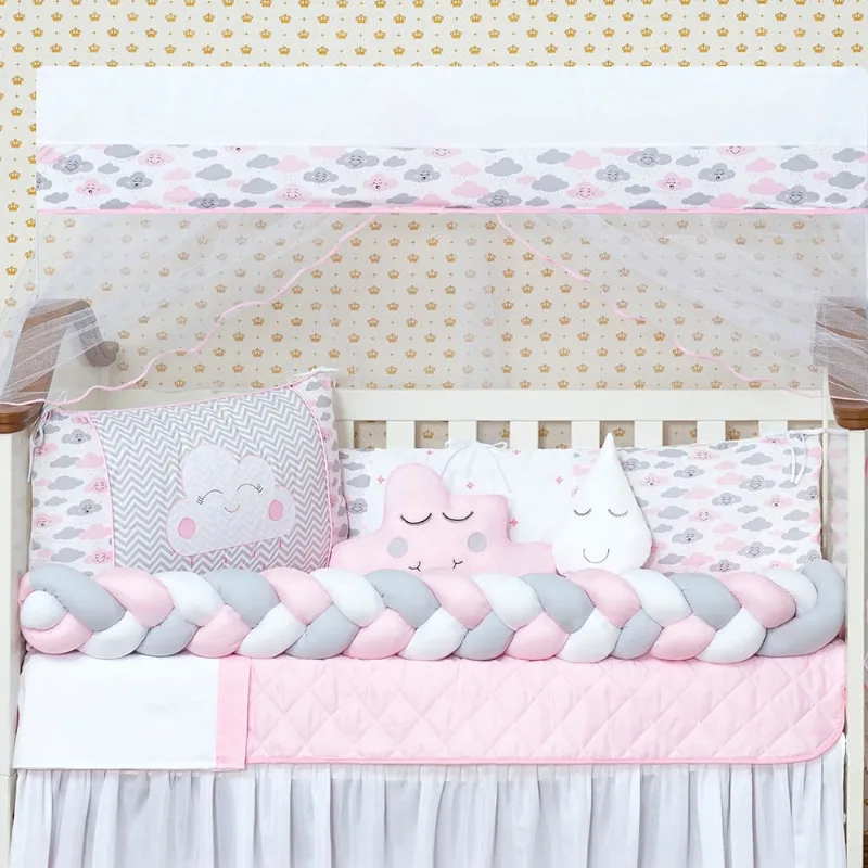 Kit para mini berço completo 10 peças com trança nuvem rosa