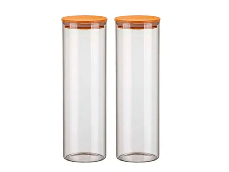 Kit 2 Potes de Vidro 2000ml Com Tampa de Madeira Bambu Porta Condimentos Hermético - Livon