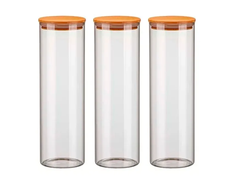 Kit 3 Potes de Vidro Hermético 2000ml Com Tampa de Madeira Bambu Porta Condimentos - Livon - Utilidades Domesticas
