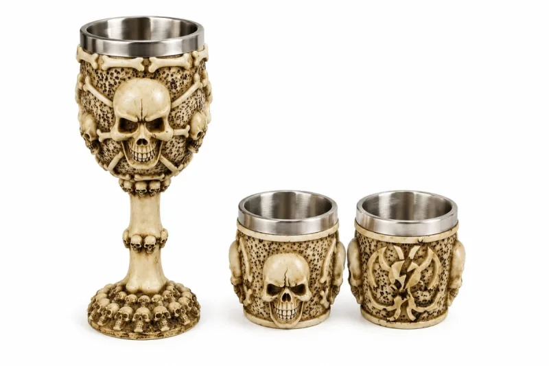 Kit Taça Cálice Caveira Inox Com 2 Shots Crânio Medieval Aço Inox e Resina - Show House