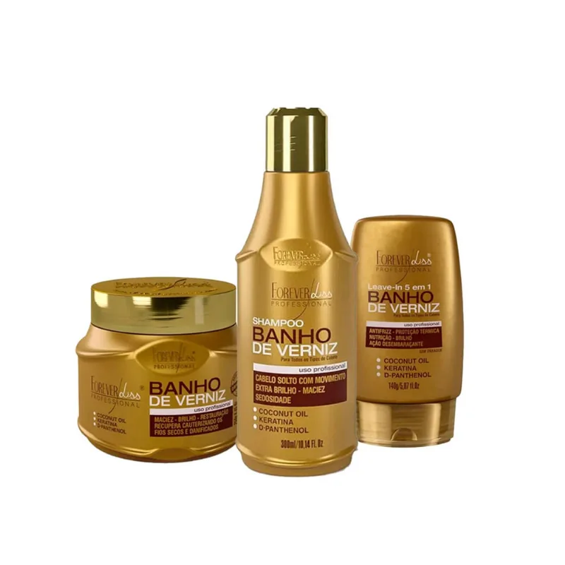 Kit Banho de Verniz Forever Liss Shampoo, Leave-in, Máscara